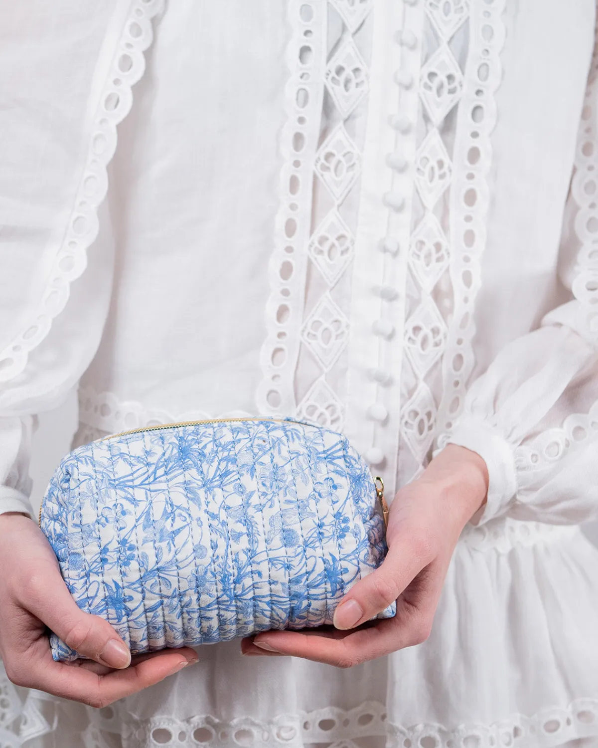 Pouches|Makeup Bags-Fable England Bunny Blues Small Quilted Makeup Bag