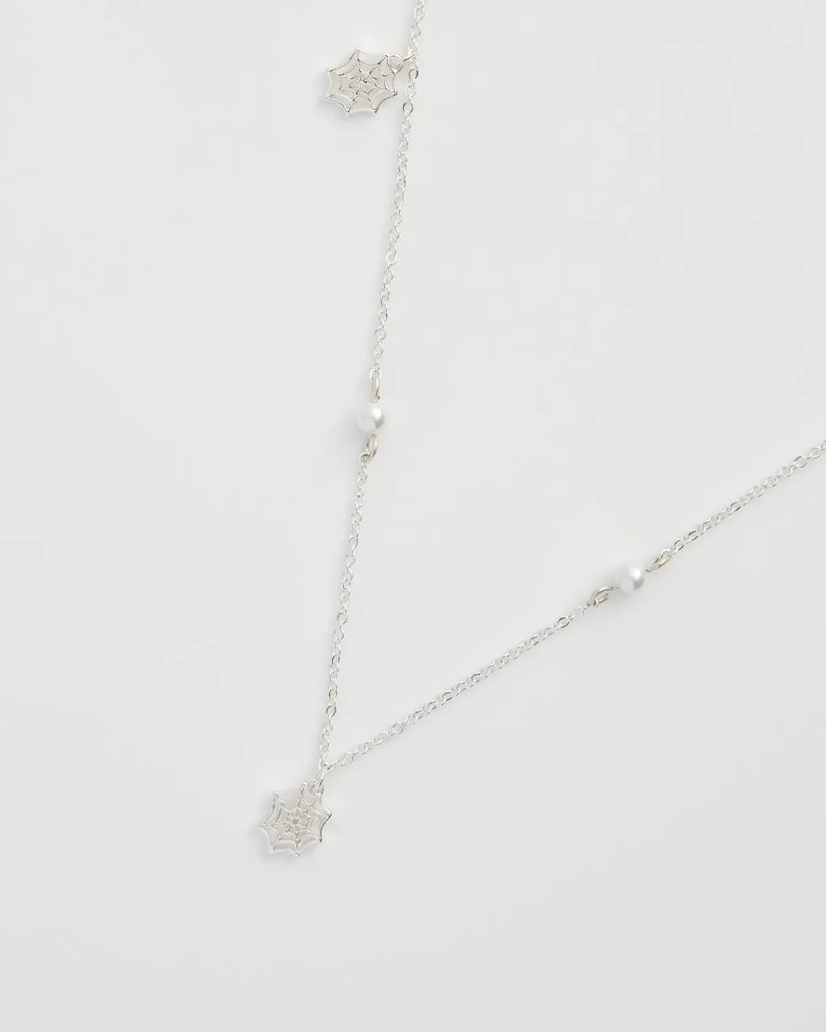 Silver Jewelry|Necklaces-Fable England Cobweb & Pearl Necklace Silver