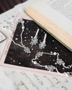 Silver Jewelry|Necklaces-Fable England Cobweb & Pearl Necklace Silver