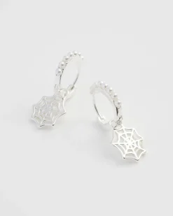 Silver Jewelry|Earrings-Fable England Cobweb Huggie Earrings Silver