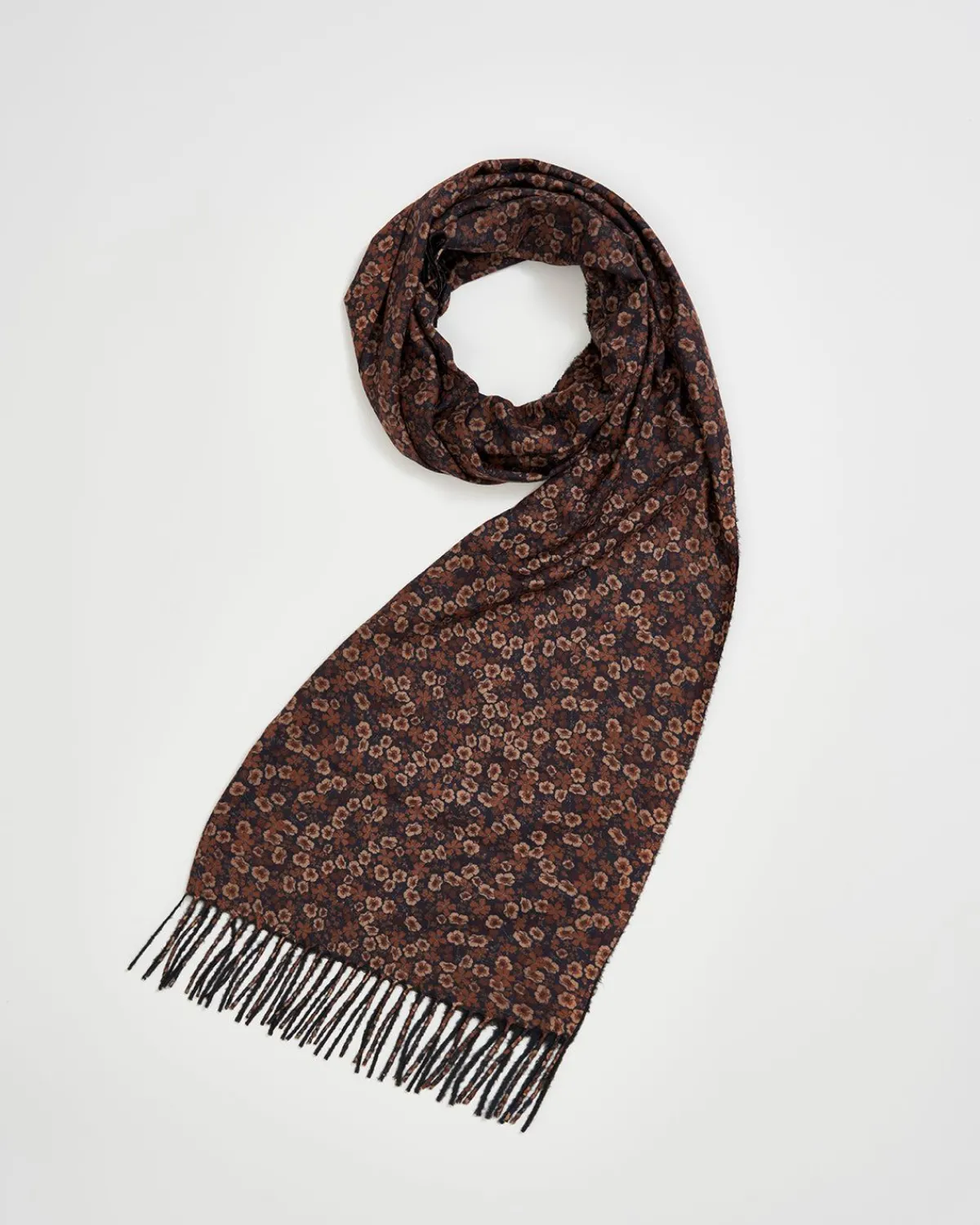 Winter Scarves-Fable England Deco Bloom Brown Ditsy Scarf with Tassels
