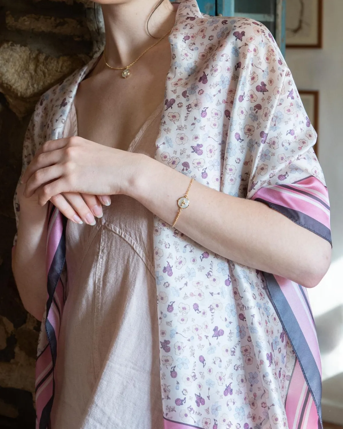 Lightweight Scarves-Fable England Deco Bloom Silky Lightweight Cream Scarf