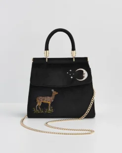 Bracelets & Bangles|Cross Body Bags-Fable England Deer & Moon Embroidered Black Velvet Tote