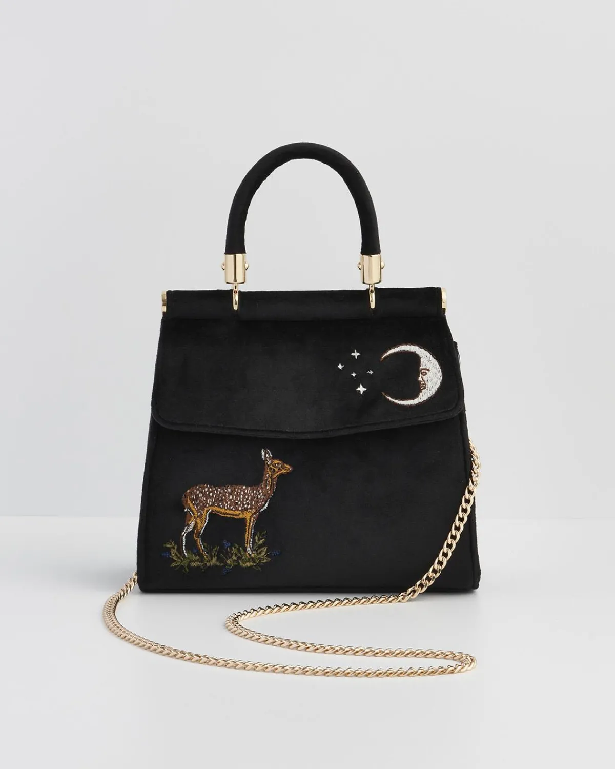 Bracelets & Bangles|Cross Body Bags-Fable England Deer & Moon Embroidered Black Velvet Tote