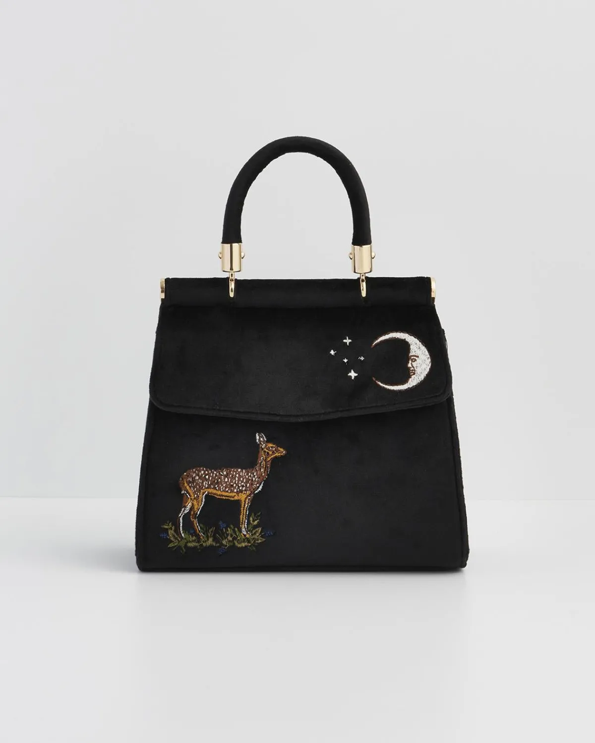 Bracelets & Bangles|Cross Body Bags-Fable England Deer & Moon Embroidered Black Velvet Tote