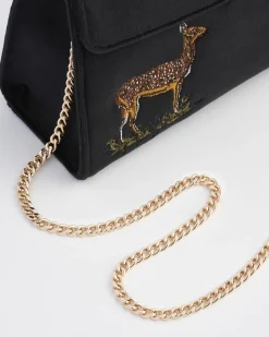 Bracelets & Bangles|Cross Body Bags-Fable England Deer & Moon Embroidered Black Velvet Tote