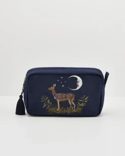 Makeup Bags-Fable England Deer & Moon Embroidered Pouch Blueberry Velvet