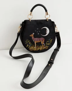 Cross Body Bags|Embroidered Bags-Fable England Deer & Moon Velvet - Embroidered Saddle Bag Black