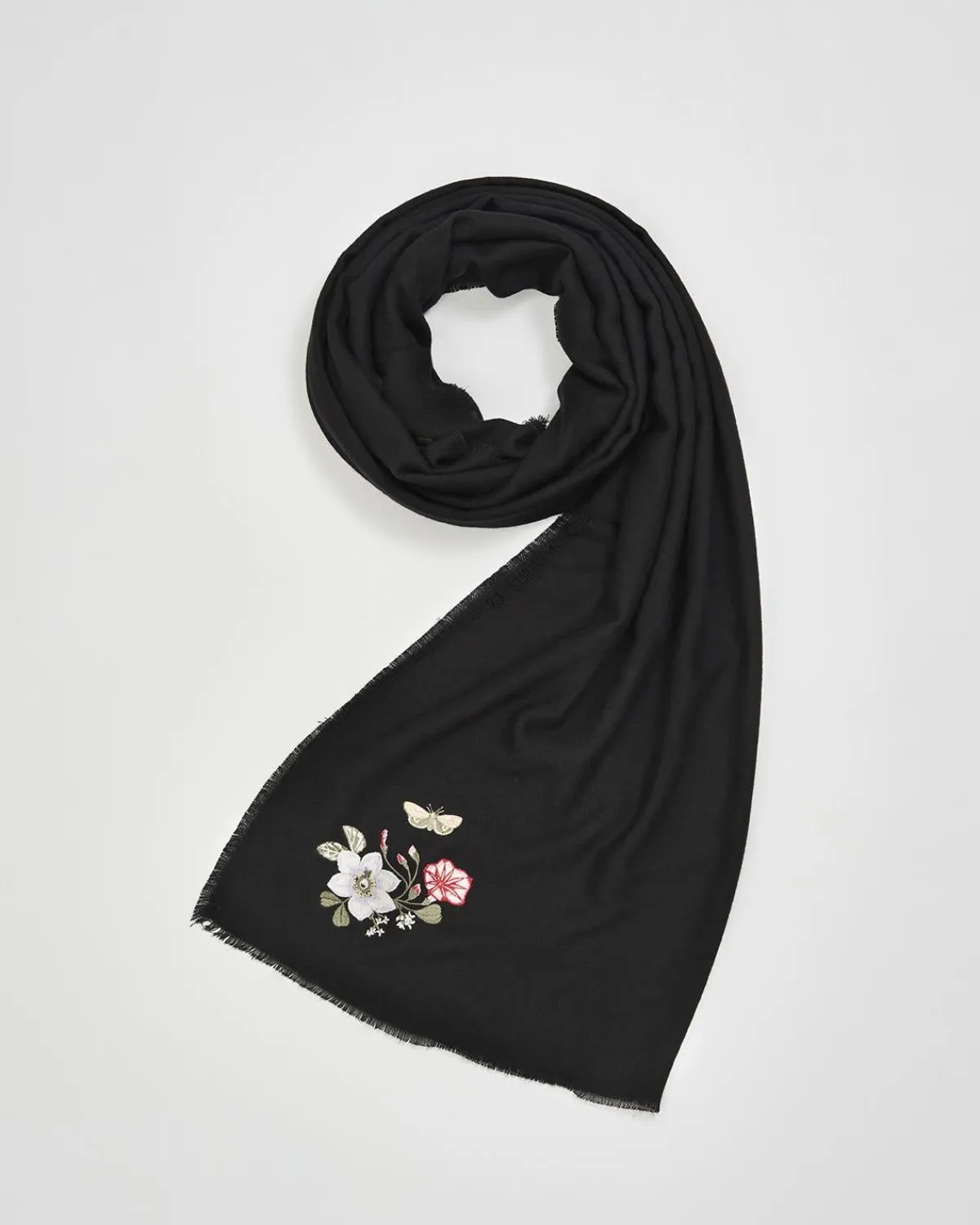 Winter Scarves-Fable England Ditsy Embroidered Pashmina Black Scarf