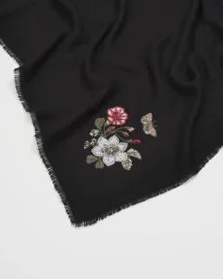 Winter Scarves-Fable England Ditsy Embroidered Pashmina Black Scarf