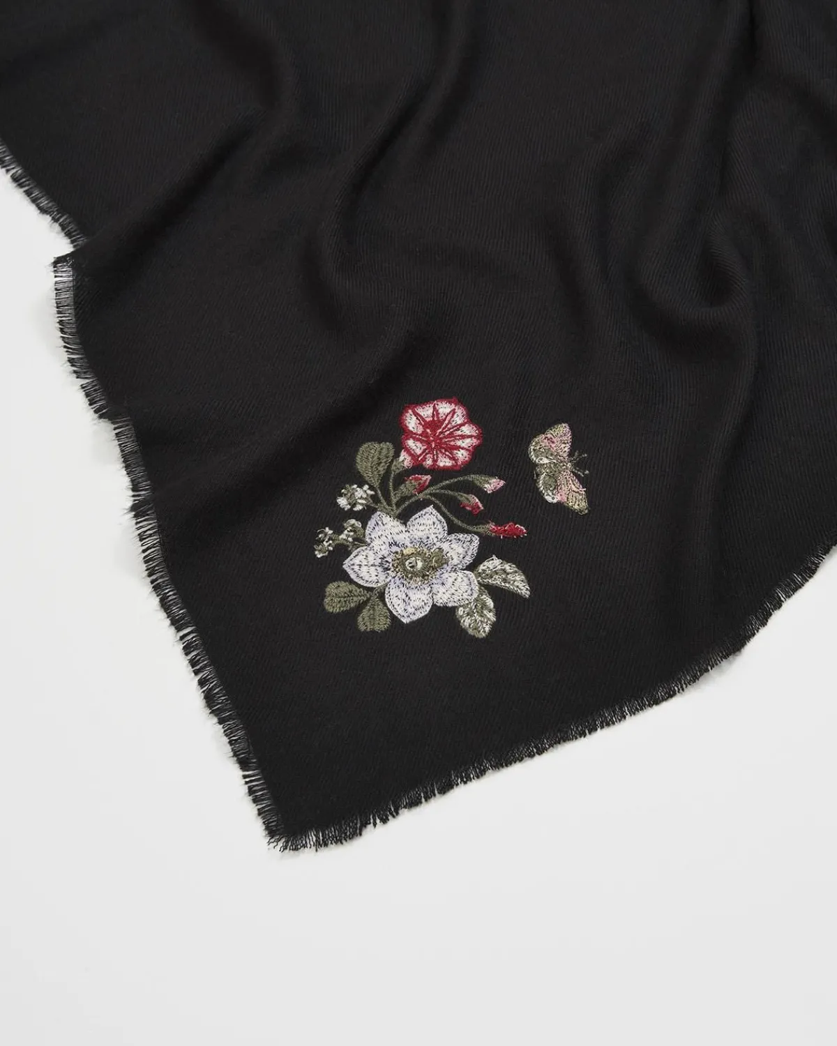 Winter Scarves-Fable England Ditsy Embroidered Pashmina Black Scarf