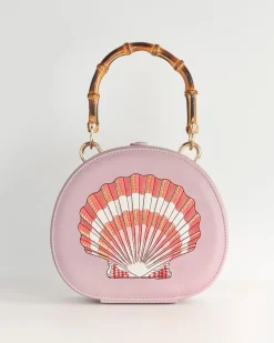 Clutch & Evening Bags|Tote Bags-Fable England Embroiderd Shell Lilac Bamboo Top Handle Bag