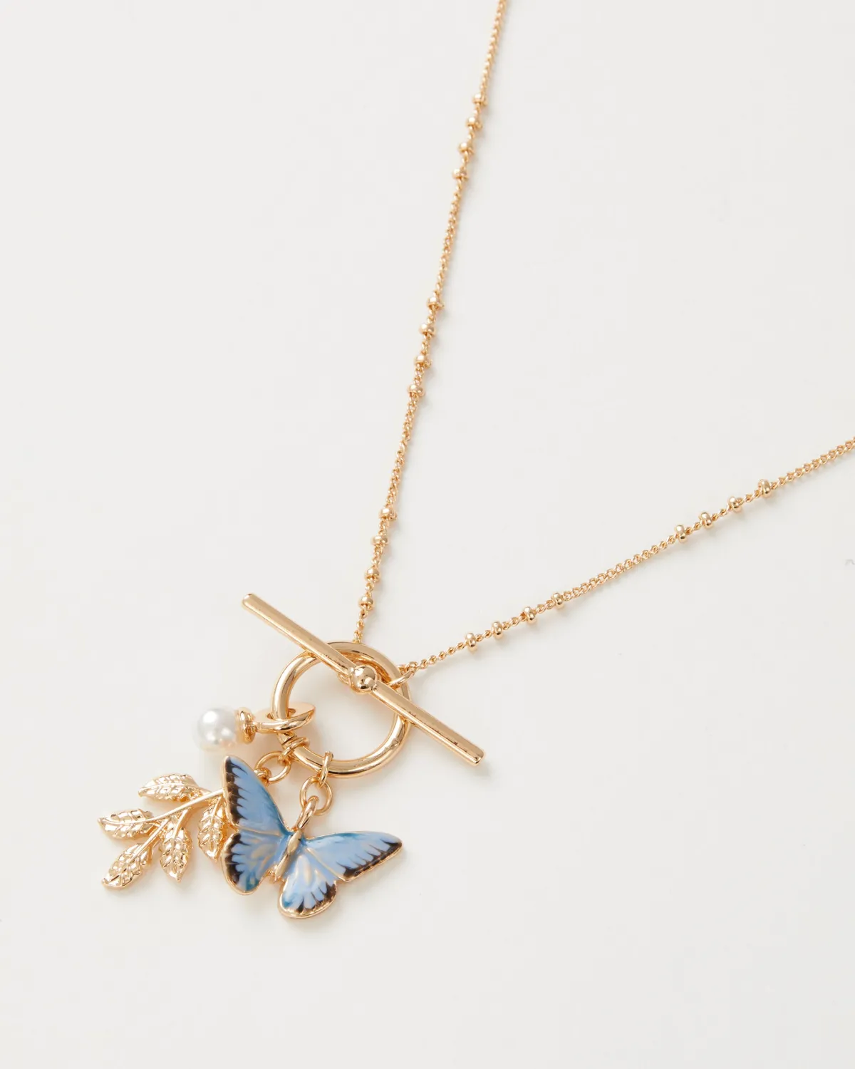 Necklaces-Fable England Enamel Blue Butterfly & Leaf Charm Necklace