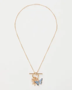 Necklaces-Fable England Enamel Blue Butterfly & Leaf Charm Necklace