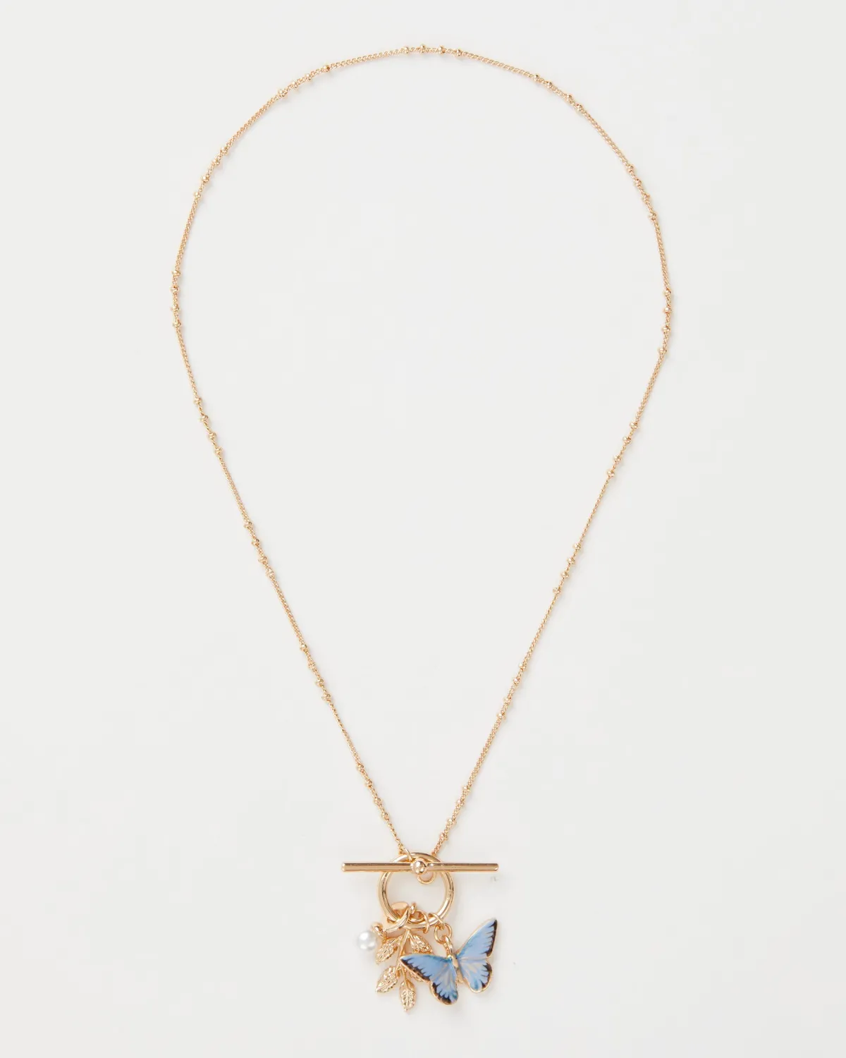 Necklaces-Fable England Enamel Blue Butterfly & Leaf Charm Necklace