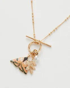 Necklaces-Fable England Enamel Moth & Leaf Charm Necklace