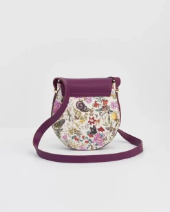 Cross Body Bags-Fable England Floral Engravings Plum Saddle Purse