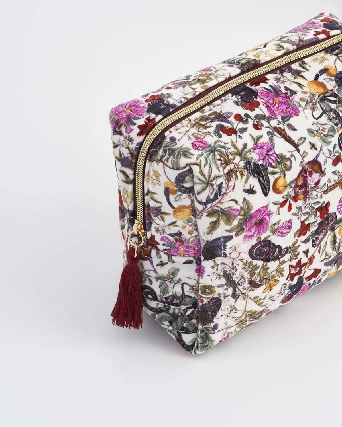 Toiletry Bags|Pouches-Fable England Floral Engravings Velvet Printed Large Cosmetic Bag