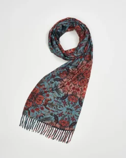 Winter Scarves-Fable England Folksy Fox Teal Scarf with Tassels