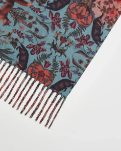 Winter Scarves-Fable England Folksy Fox Teal Scarf with Tassels