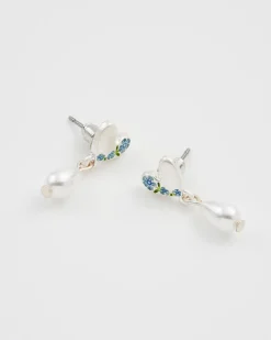 Silver Jewelry|Earrings-Fable England Forget Me Not Heart & Pearl Silver Earrings