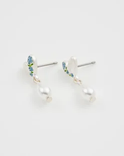 Silver Jewelry|Earrings-Fable England Forget Me Not Heart & Pearl Silver Earrings