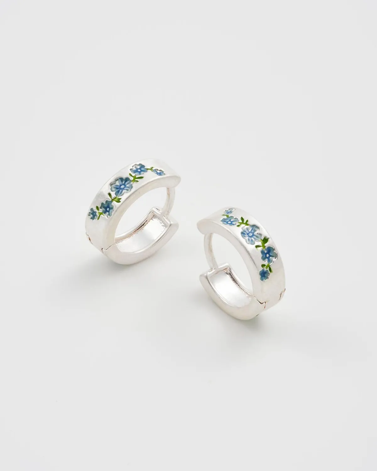 Silver Jewelry|Earrings-Fable England Forget Me Not Silver Mini Hoop Earrings