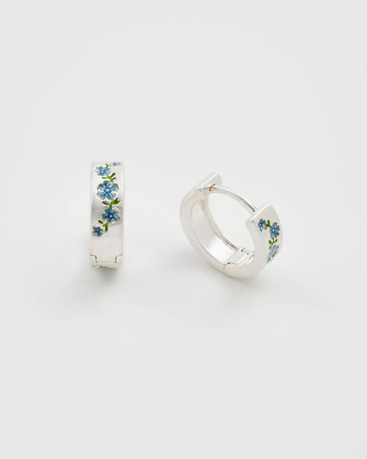 Silver Jewelry|Earrings-Fable England Forget Me Not Silver Mini Hoop Earrings