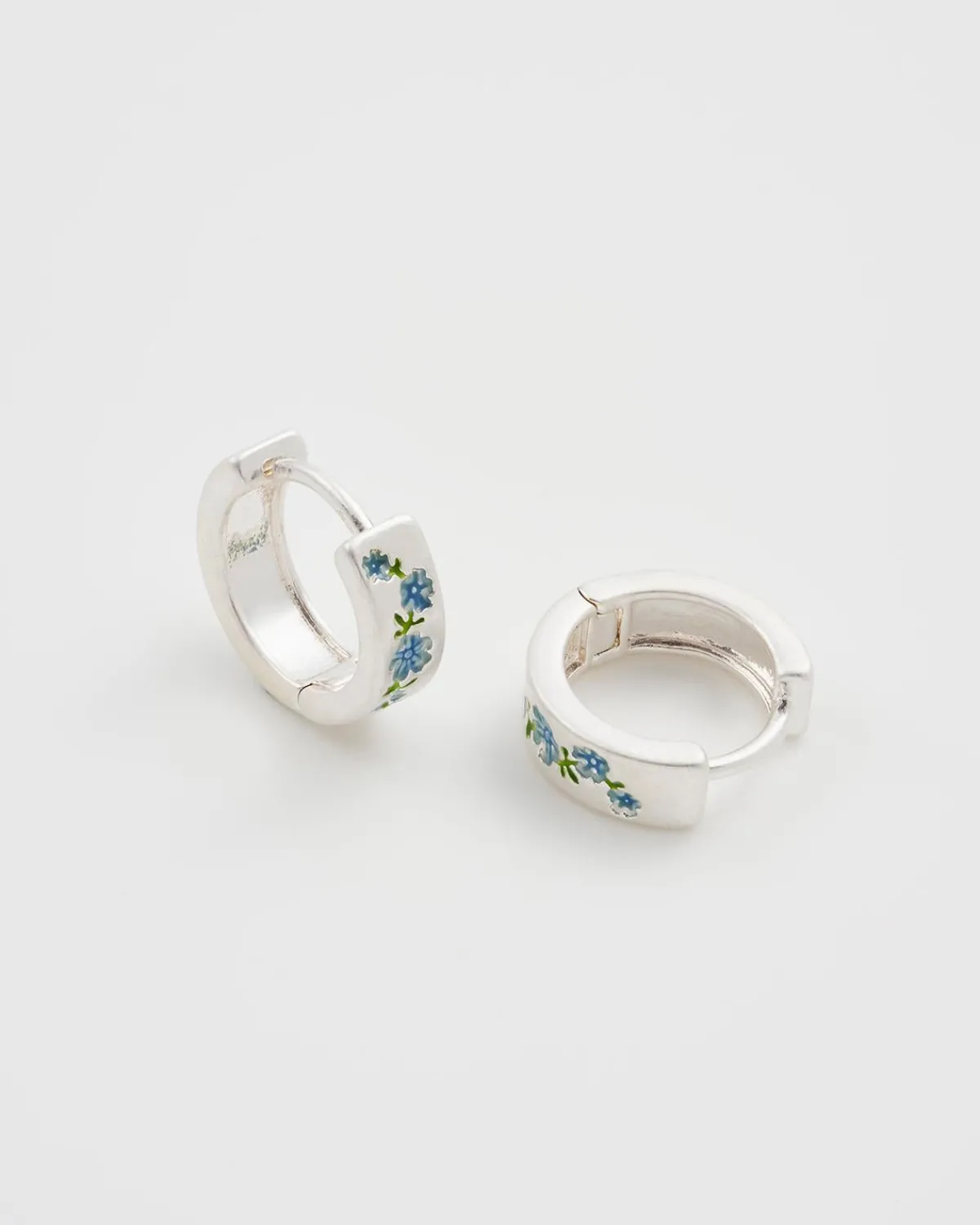 Silver Jewelry|Earrings-Fable England Forget Me Not Silver Mini Hoop Earrings