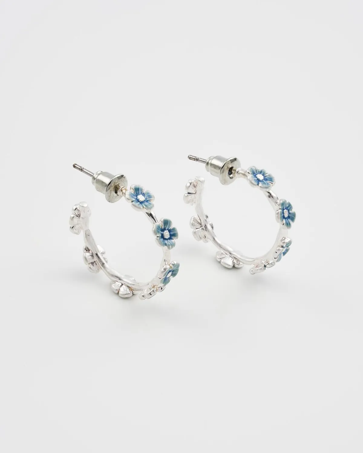 Silver Jewelry|Earrings-Fable England Forget Me Not Silver Stud Hoop Earrings