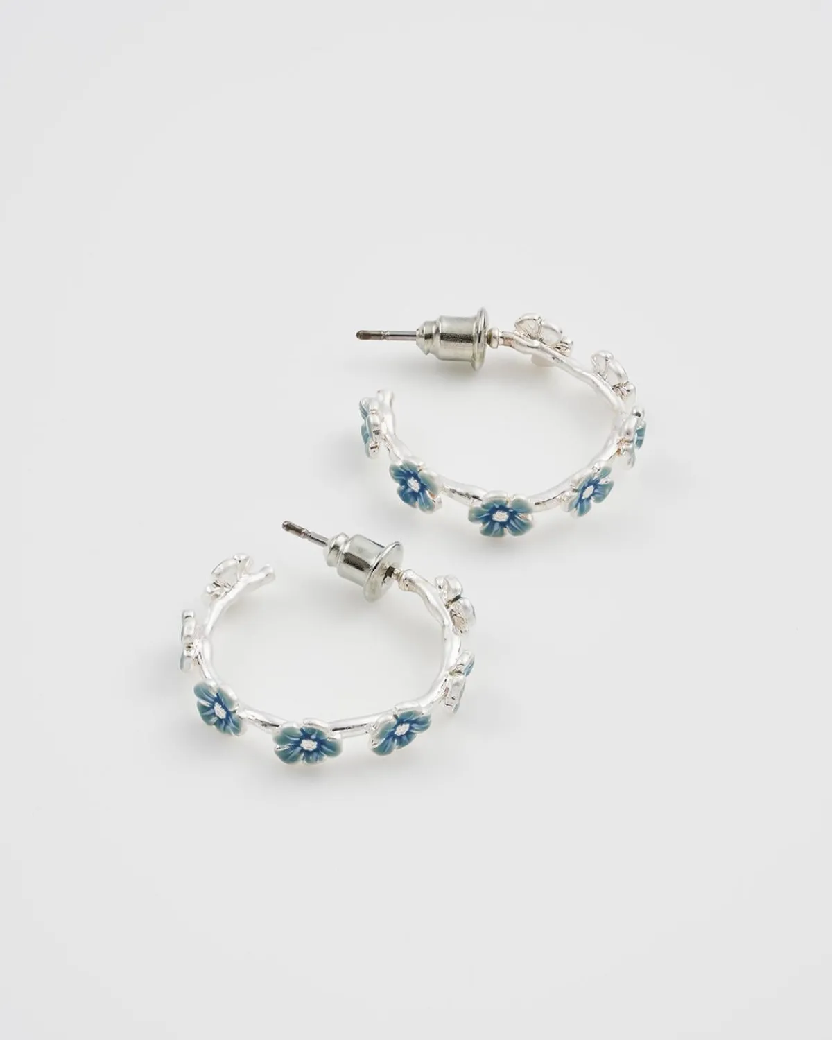 Silver Jewelry|Earrings-Fable England Forget Me Not Silver Stud Hoop Earrings