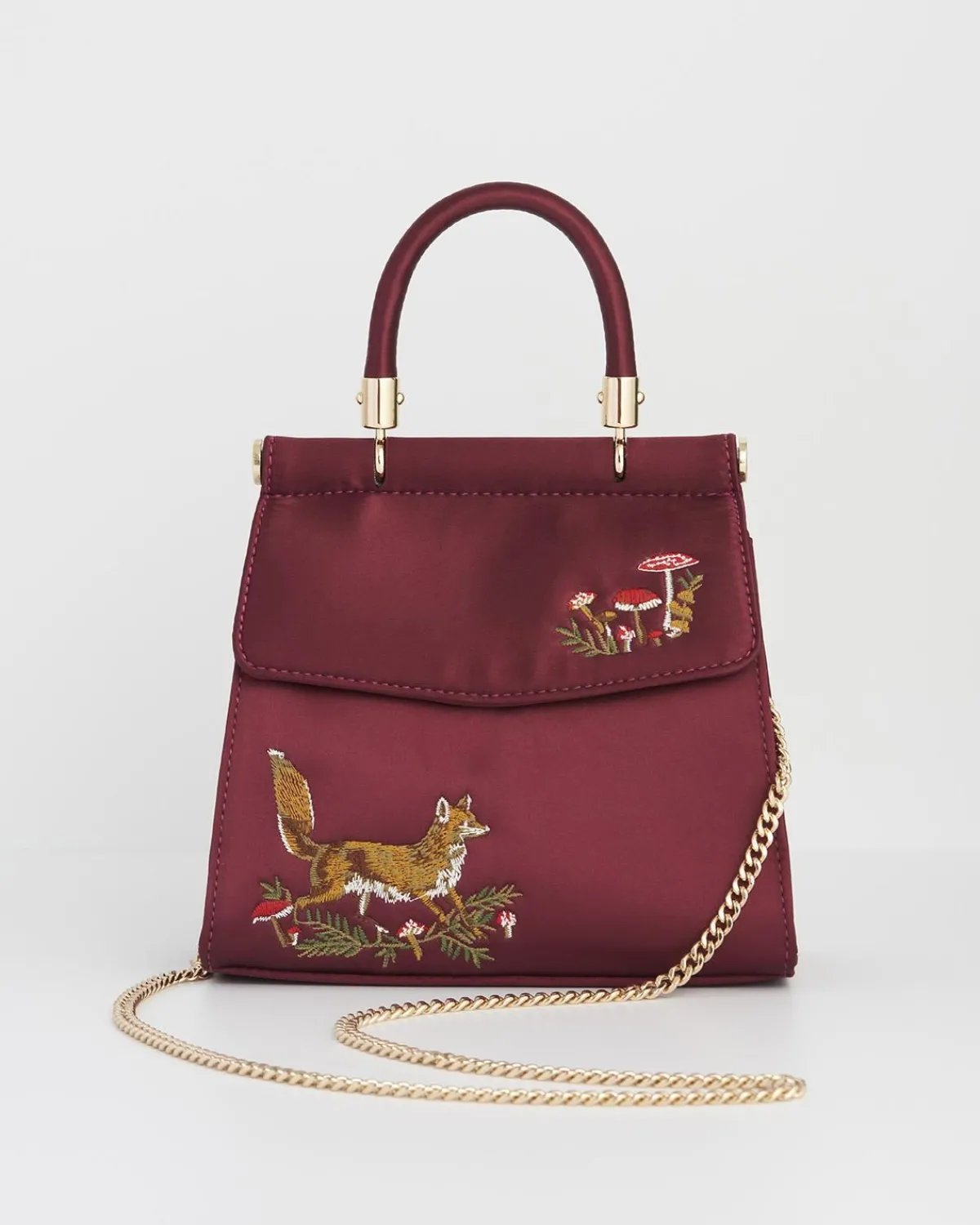 Clutch & Evening Bags|Tote Bags-Fable England Fox & Mushroom Burgundy Embroidered Satin Tote