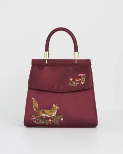 Clutch & Evening Bags|Tote Bags-Fable England Fox & Mushroom Burgundy Embroidered Satin Tote