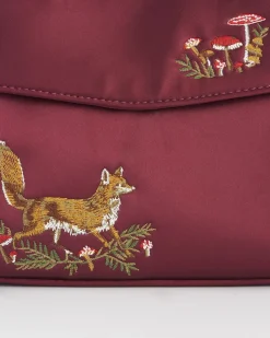 Clutch & Evening Bags|Tote Bags-Fable England Fox & Mushroom Burgundy Embroidered Satin Tote