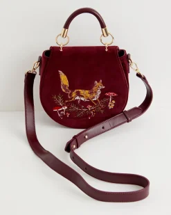 Embroidered Bags-Fable England Fox & Mushroom Embroidered Saddle Bag - Redcurrant Velvet