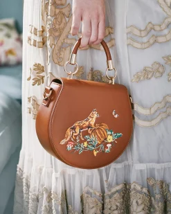 Cross Body Bags|Embroidered Bags-Fable England Fox & Pumpkin Tan Embroidered Saddle Purse