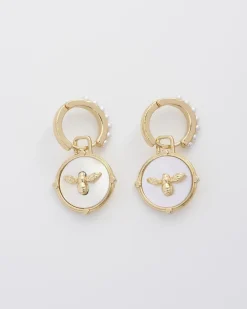 Earrings-Fable England Honey Bee & Pearl Huggie Earrings