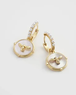 Earrings-Fable England Honey Bee & Pearl Huggie Earrings