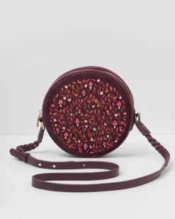 Cross Body Bags|Embroidered Bags-Fable England Magical Mushroom Burgundy Circle Purse