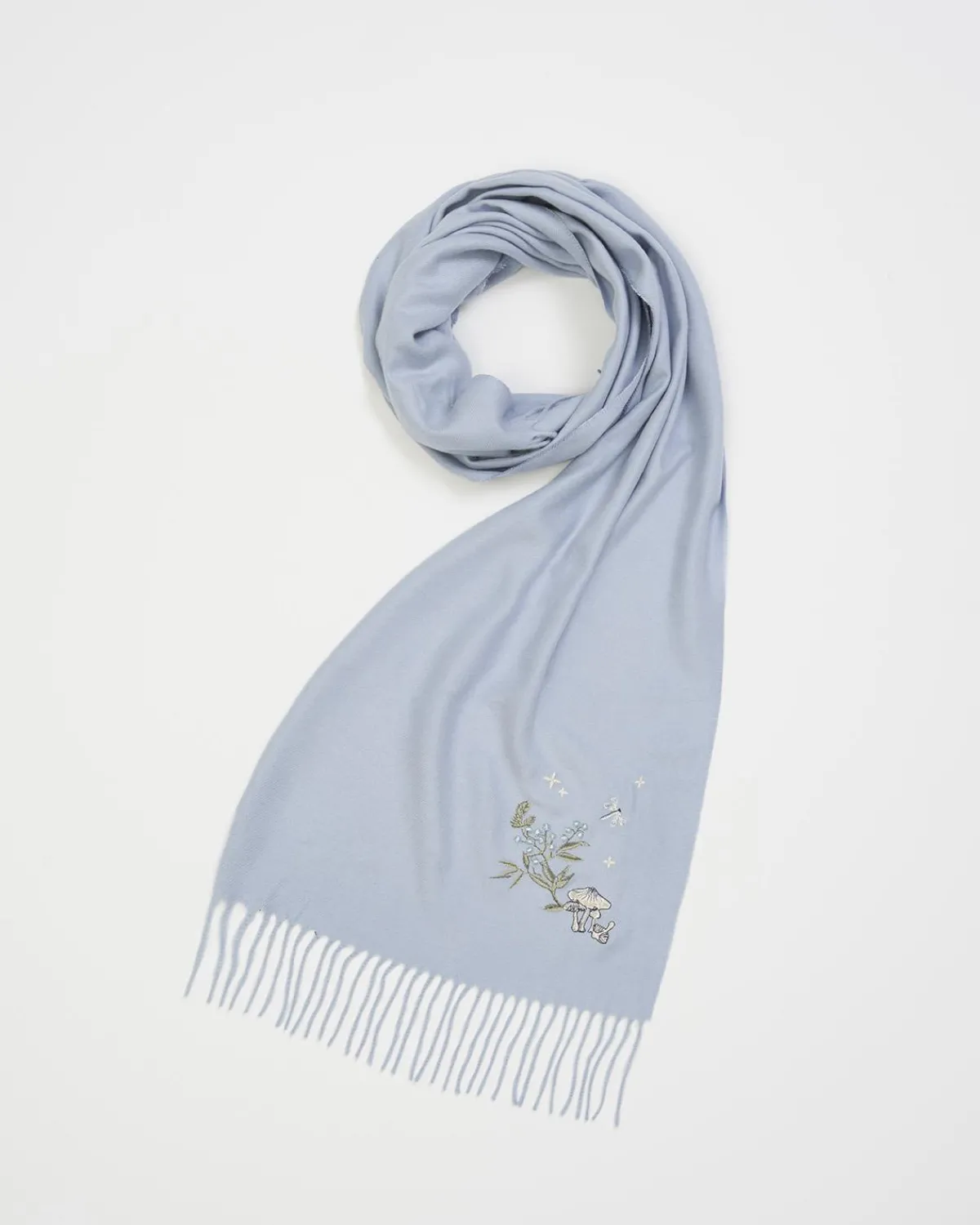 Winter Scarves-Fable England Magical Mushroom Embroidered Cozy Blue Scarf