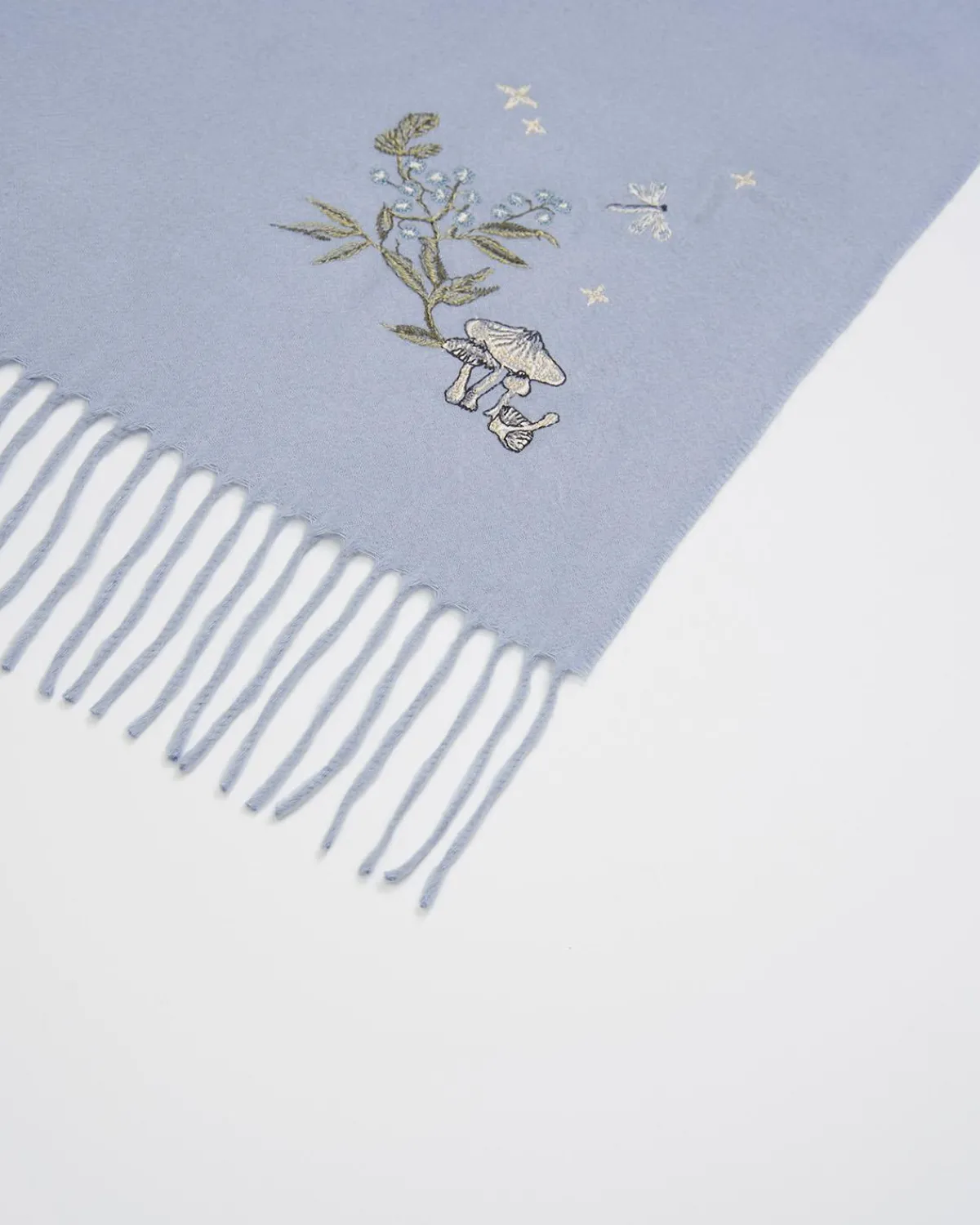 Winter Scarves-Fable England Magical Mushroom Embroidered Cozy Blue Scarf