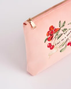 Toiletry Bags|Makeup Bags-Fable England Midsummer Dream Cherry Embroidered Peach Velvet Pouch