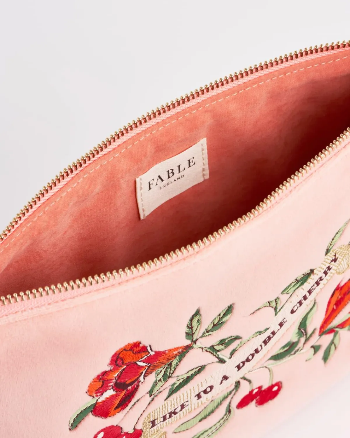 Toiletry Bags|Makeup Bags-Fable England Midsummer Dream Cherry Embroidered Peach Velvet Pouch