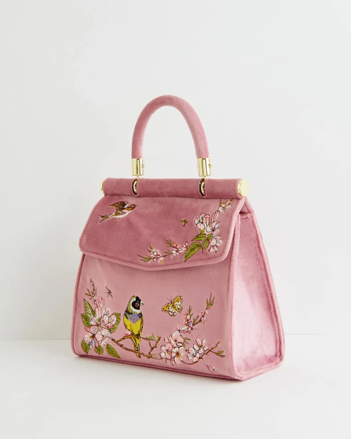 Clutch & Evening Bags|Tote Bags-Fable England Morning Song Bird Embroidered Mini Pink Tote