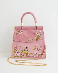Clutch & Evening Bags|Tote Bags-Fable England Morning Song Bird Embroidered Mini Pink Tote