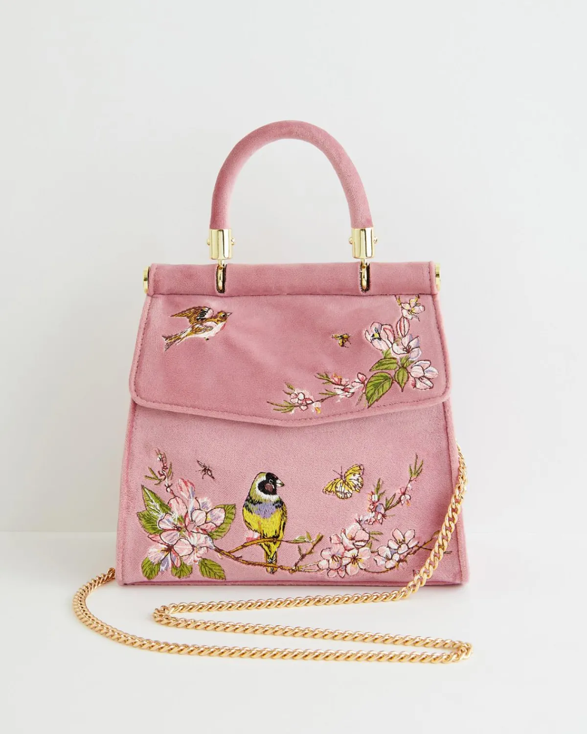 Clutch & Evening Bags|Tote Bags-Fable England Morning Song Bird Embroidered Mini Pink Tote