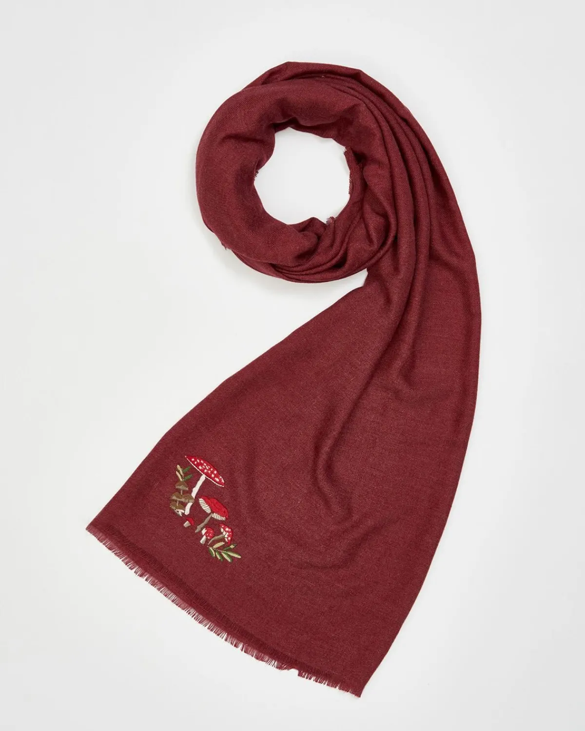 Winter Scarves-Fable England Mushroom Embroidered Burgundy Pashmina Scarf