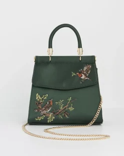Clutch & Evening Bags|Cross Body Bags-Fable England Robin & Mistletoe Green Embroidered Satin Tote