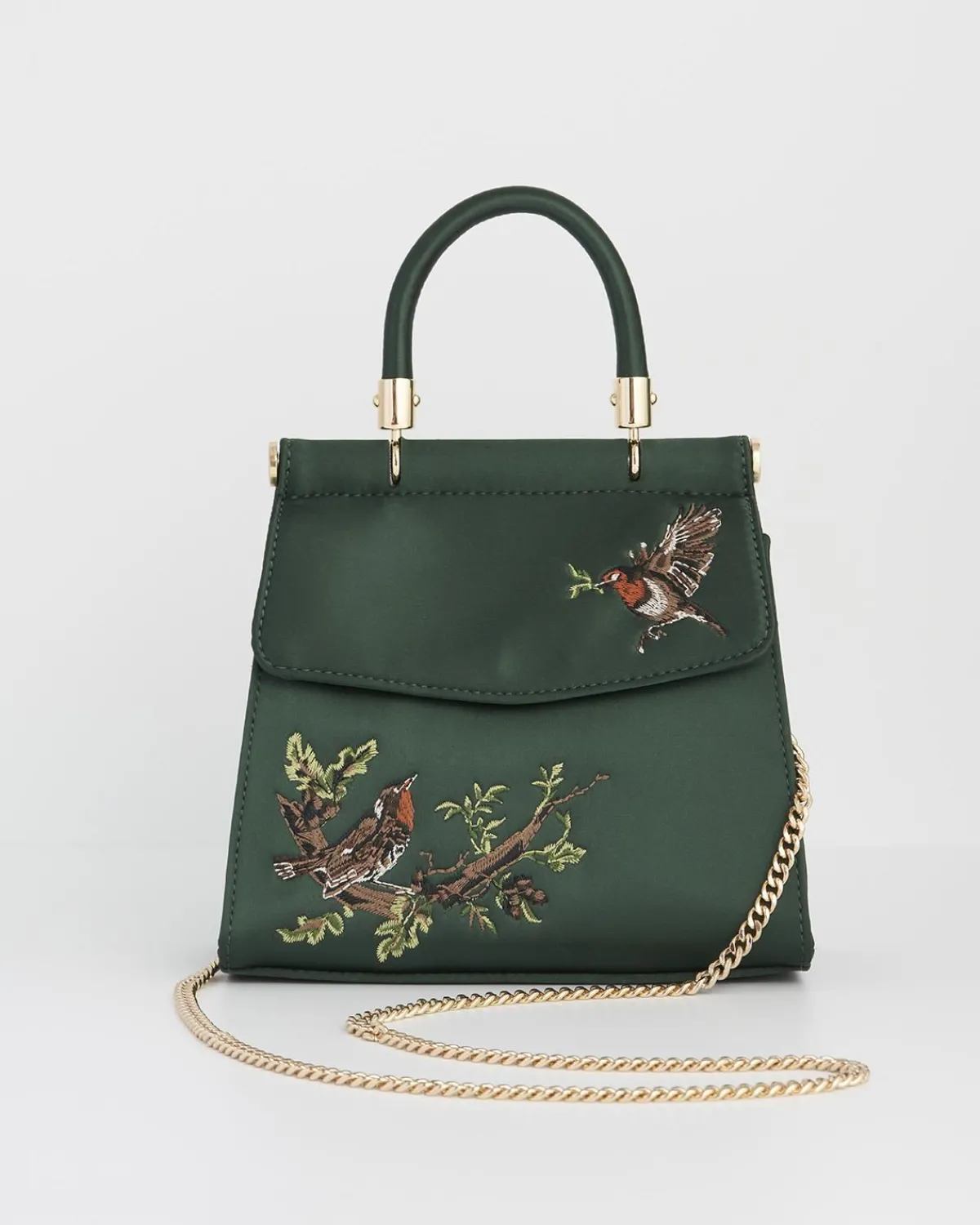 Clutch & Evening Bags|Cross Body Bags-Fable England Robin & Mistletoe Green Embroidered Satin Tote