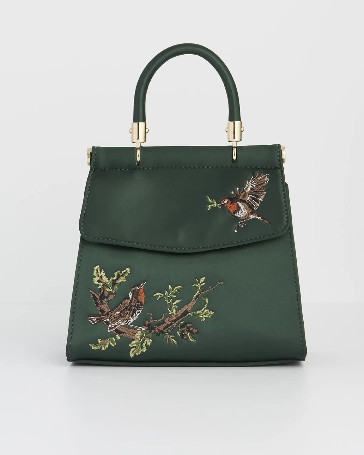 Clutch & Evening Bags|Cross Body Bags-Fable England Robin & Mistletoe Green Embroidered Satin Tote